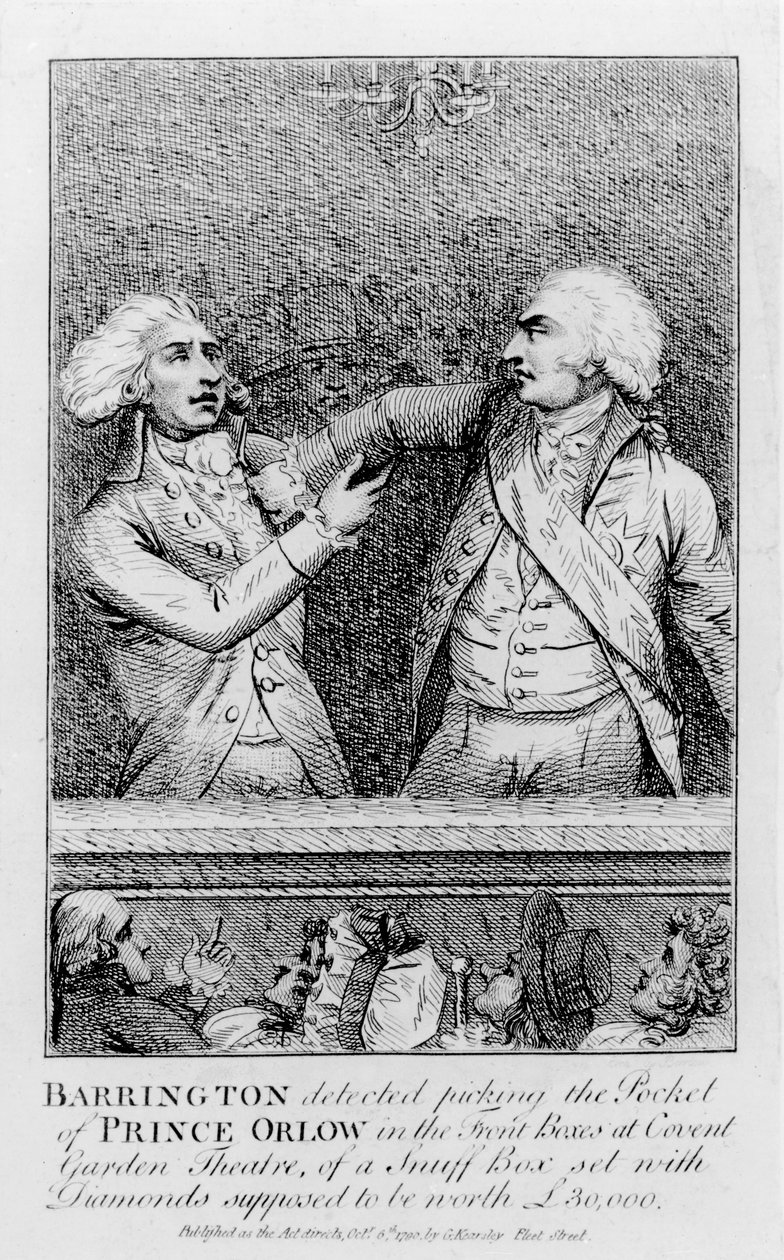 Barrington scoperto a rubare la tasca del Principe Orlow nei palchi anteriori del Covent Garden Theatre, di una tabacchiera con diamanti supposta valere 30.000 sterline, pub. nel 1790 da English School