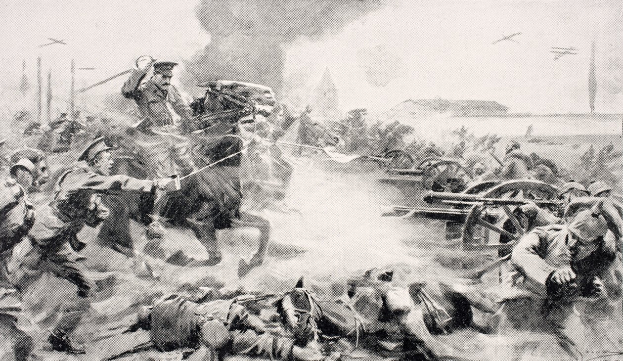 Il Capitano F.O. Grenfell, VC, guida la carica dei 9th Lancers per riprendere i cannoni catturati vicino a Doubon, 24 agosto 1914, da 
