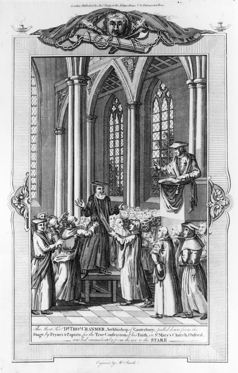 Dr. Thomas Cranmer (1489-1556) Arcivescovo di Canterbury tirato giù dal palco da frati e papisti per la vera confessione della sua fede nella chiesa di St. Mary, Oxford e condotto immediatamente al St da English School