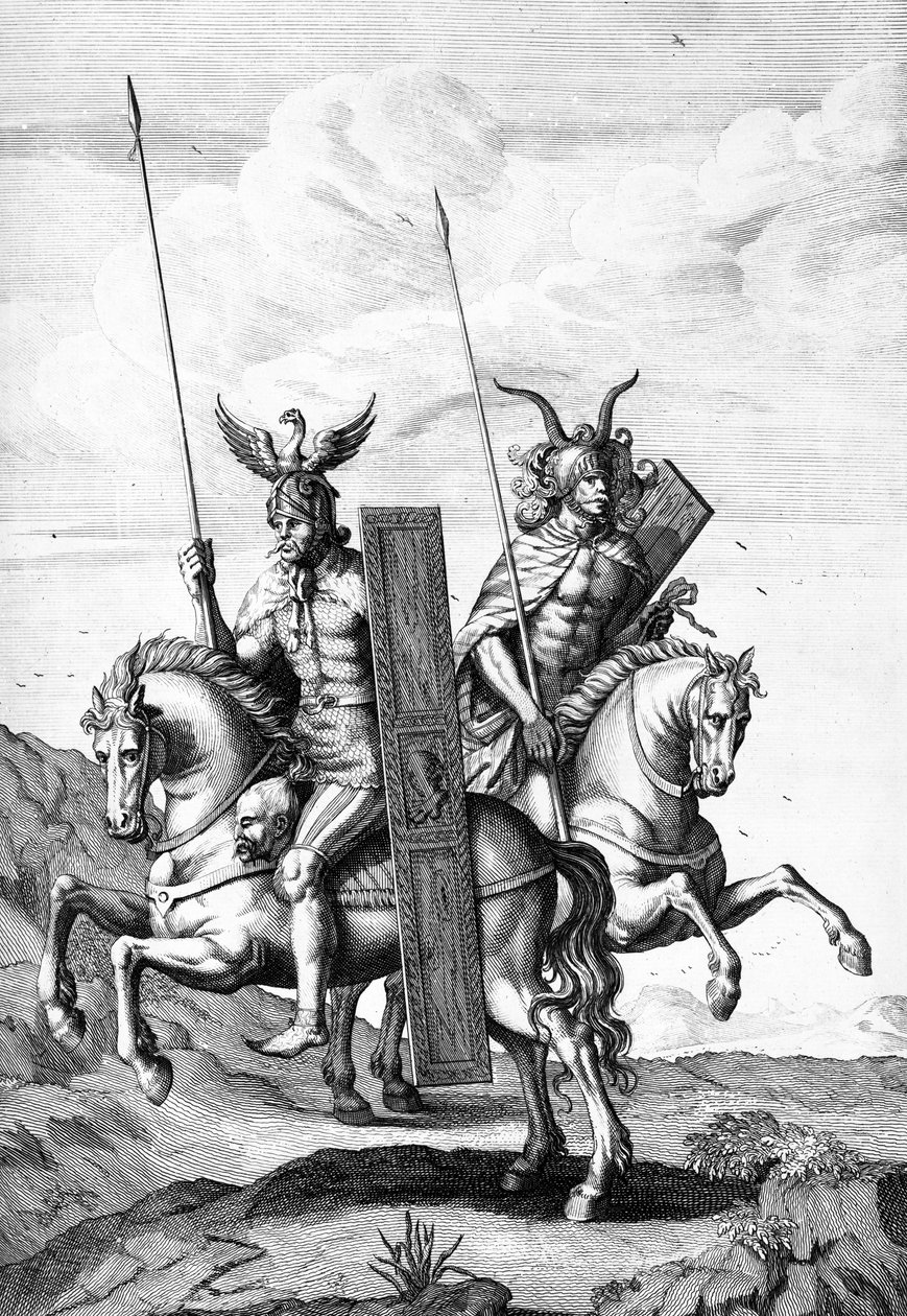 Cavalieri tedeschi con i loro elmi, scudi e lance, inciso da Cornelis Huyberts da English School