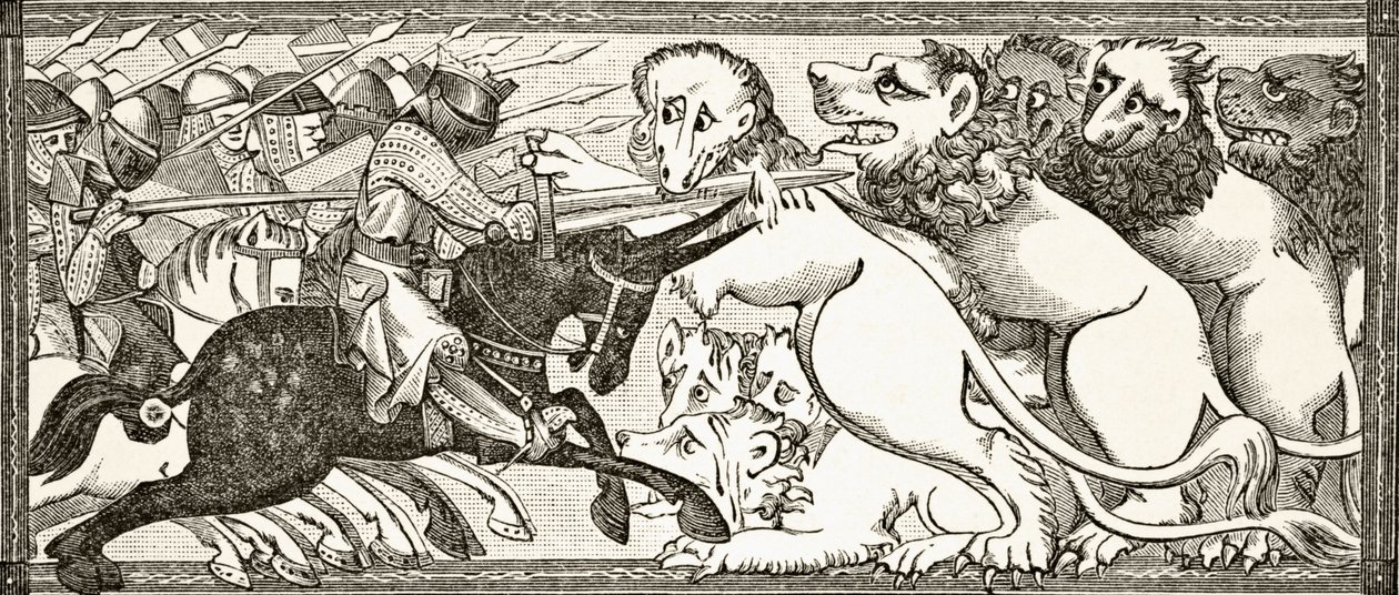 Come Alessandro combatté con leoni bianchi grandi come tori, da una miniatura in un manoscritto del XIII secolo, da 