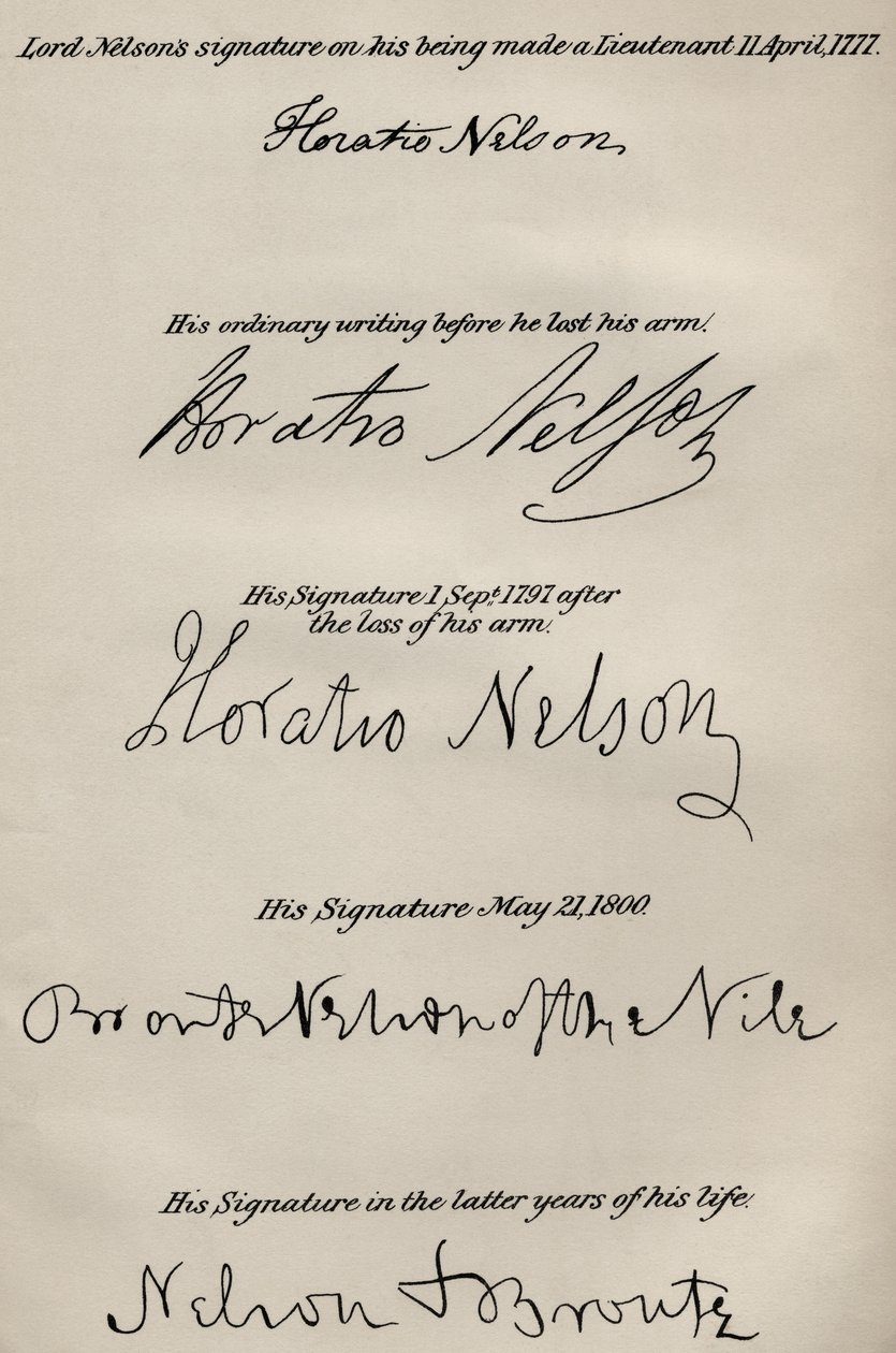 Le firme di Lord Nelson prima e dopo la perdita del braccio destro, da 