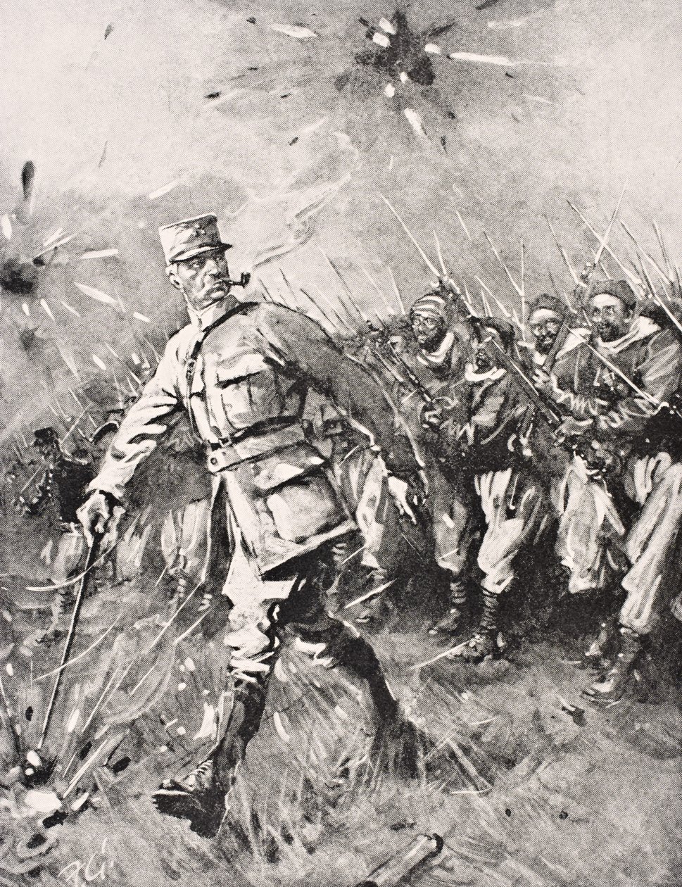 Il maggiore Jean-Baptiste Marchand, con pipa in bocca e bastone in mano, guida unità di Zuavi e marocchini contro il nemico tedesco sul fronte occidentale 1915, da 