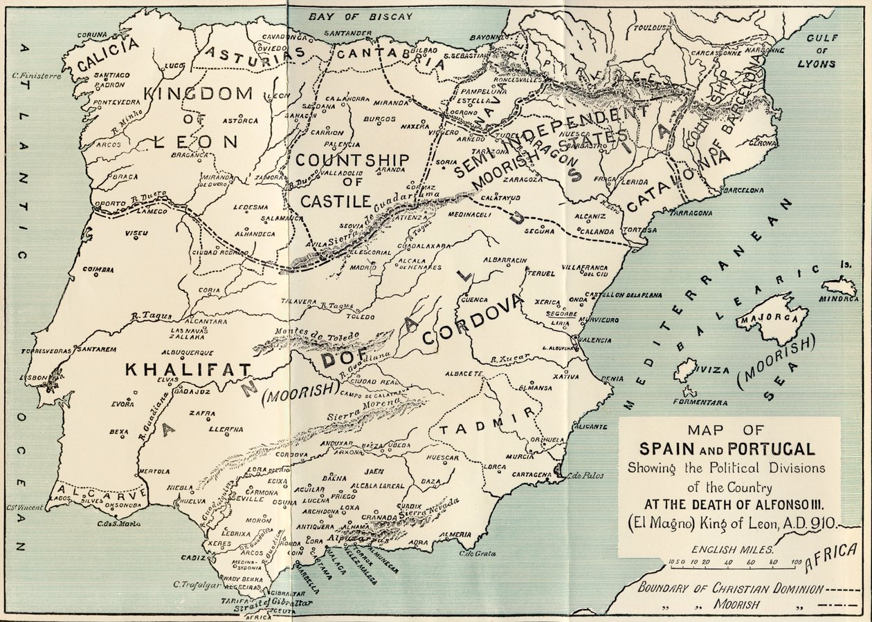 Mappa di Spagna e Portogallo che mostra le divisioni politiche nel paese alla morte di Alfonso III, Re di León, da 