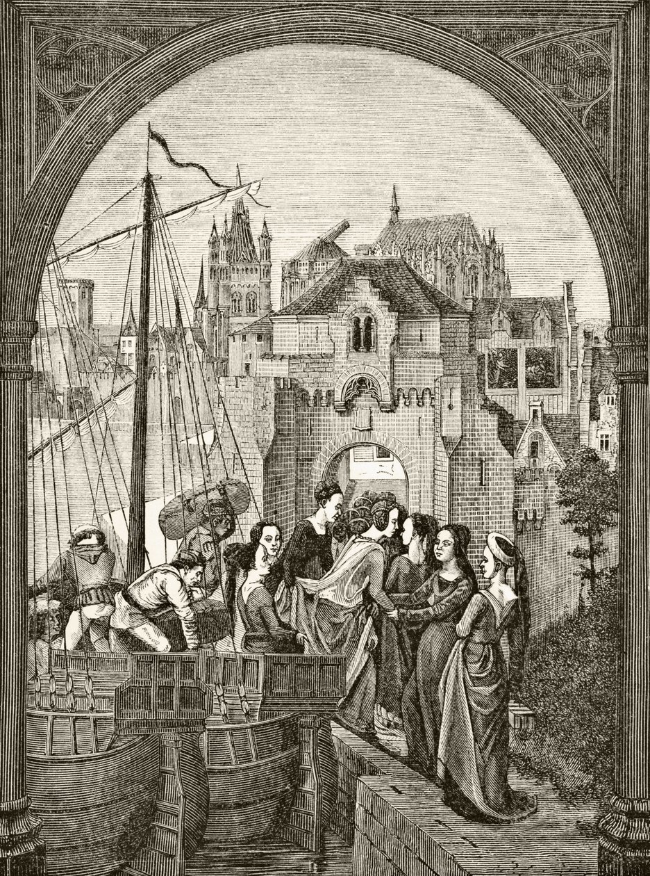 Santa Orsola e le sue compagne arrivano a Colonia, dopo un frammento del reliquiario del XV secolo a Bruges, da 