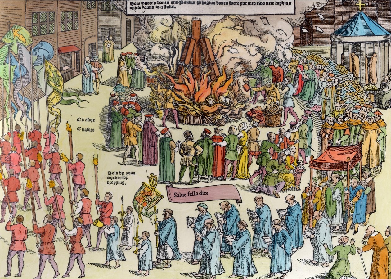 Il rogo dei resti di Martin Bucer (1491-1551) e Paul Fagius (1504-49) a Market Hill a Cambridge nel 1557, da 