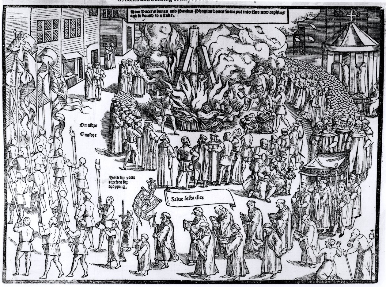 Il rogo dei resti di Martin Bucer (1491-1551) e Paul Fagius (1504-49) su Market Hill a Cambridge nel 1557, da 