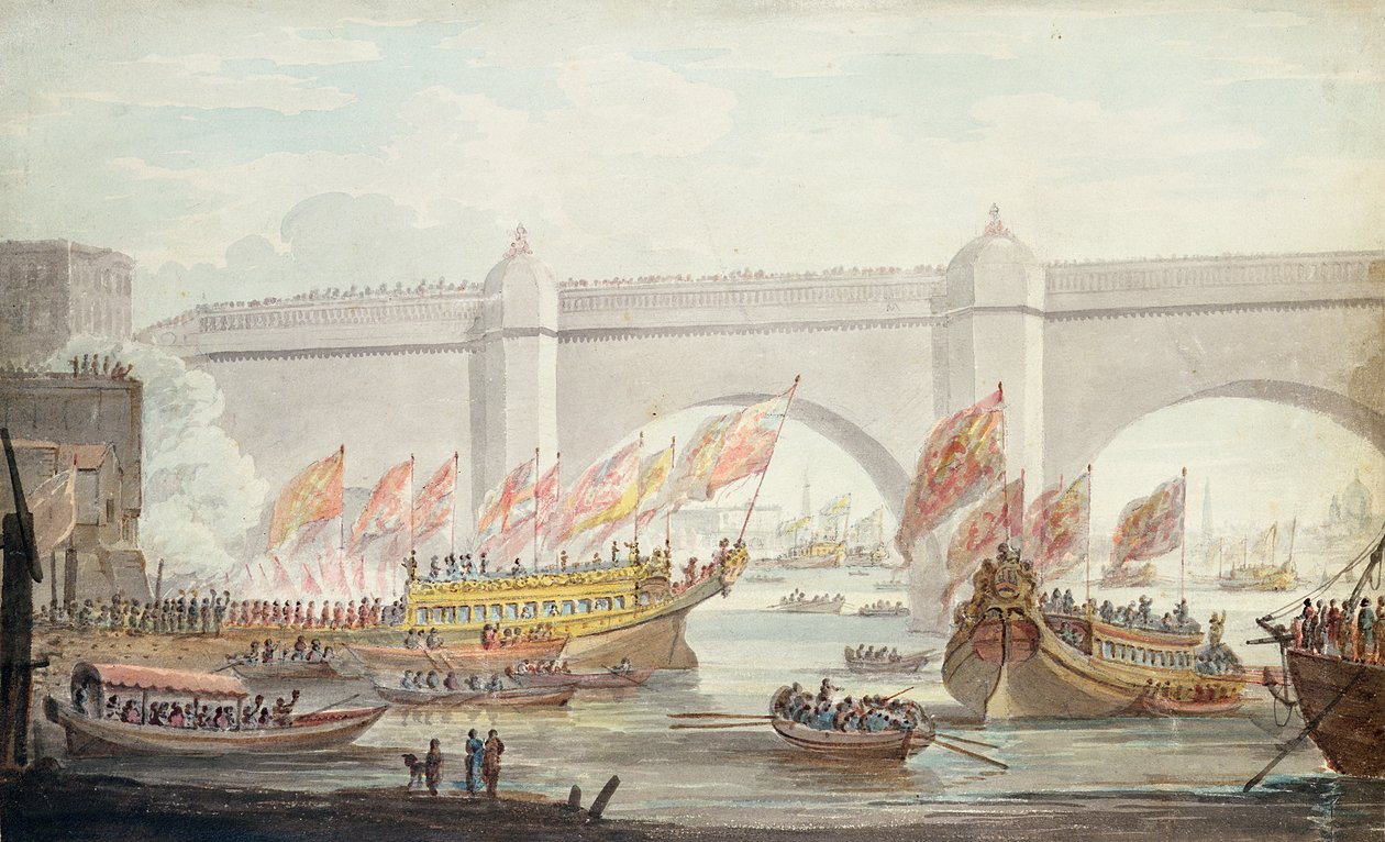 Il sindaco che sbarca a Westminster, con una veduta del ponte, 1840 da English School
