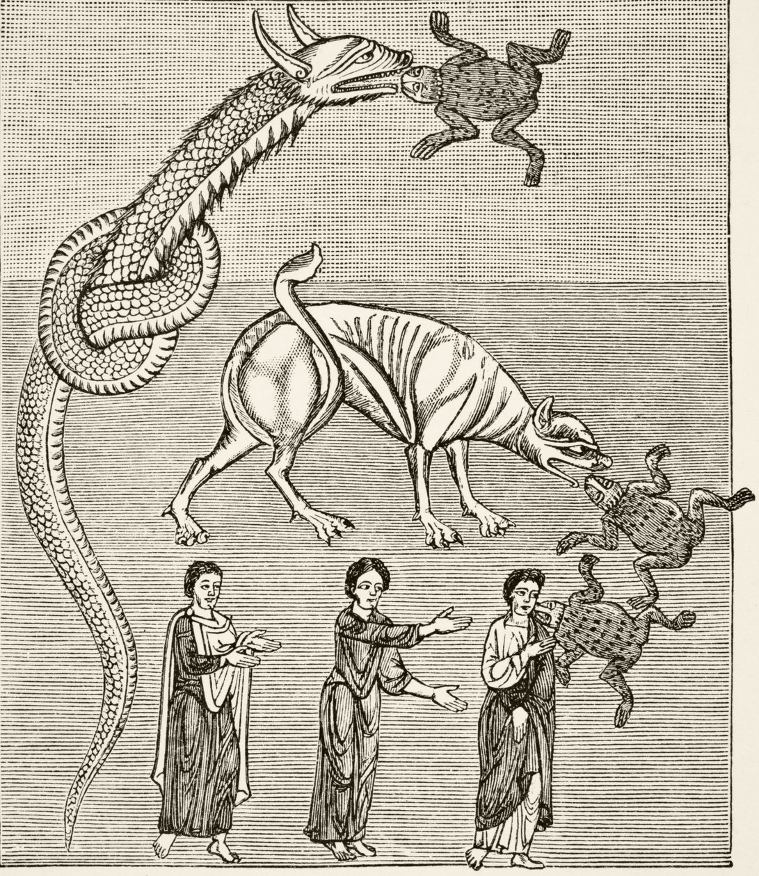 Il serpente, o il drago, e il behemoth, o il diavolo, da una miniatura in un manoscritto del XII secolo del 