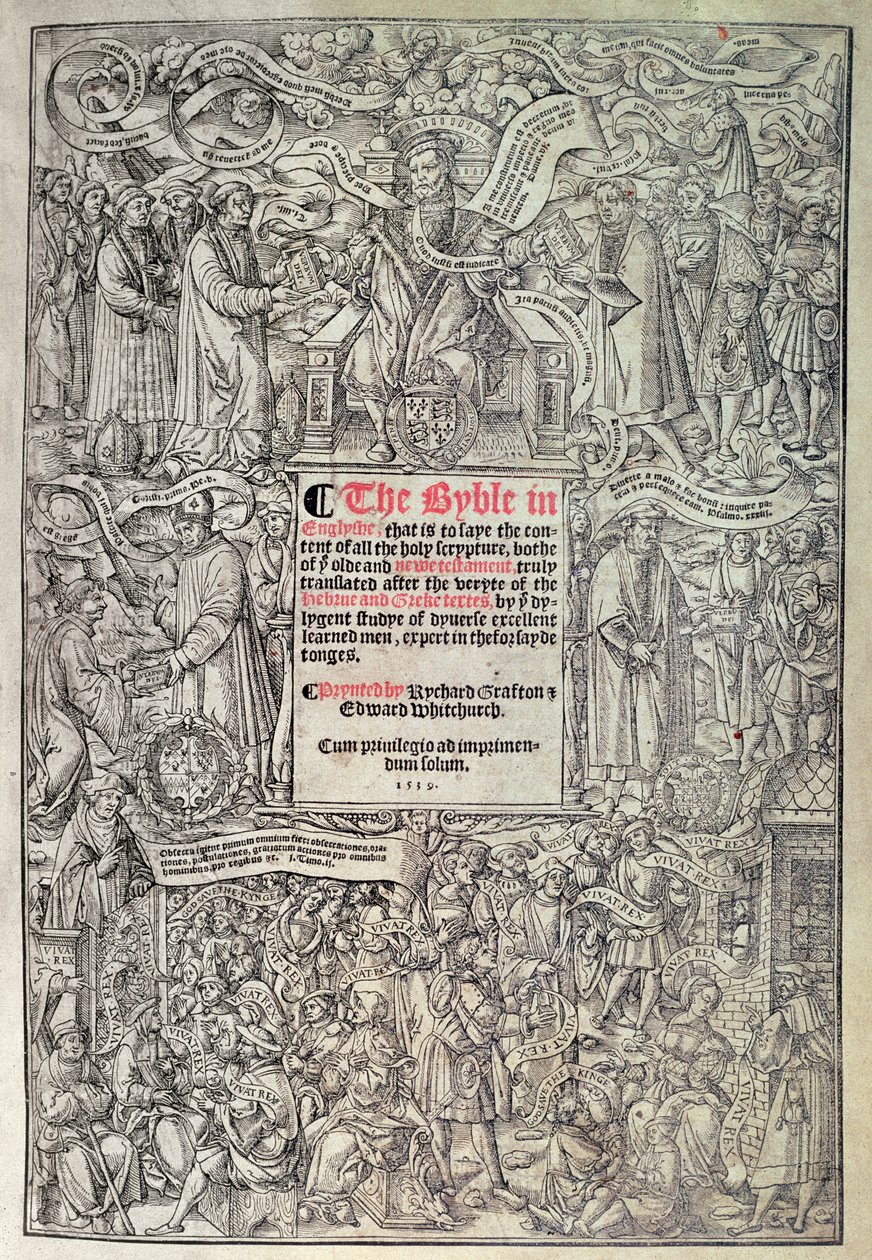 Pagina del titolo che introduce la traduzione inglese della Grande Bibbia, tradotta dai testi ebraici e greci e stampata da Richard Grafton e Edward Whitchurch, c.1539 (xilografia) da English School