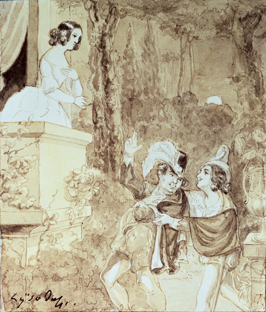 Leporello che serenata Elvira nei panni di Don Giovanni (Don Juan) che sta dietro di lui, Atto II scena I, da 