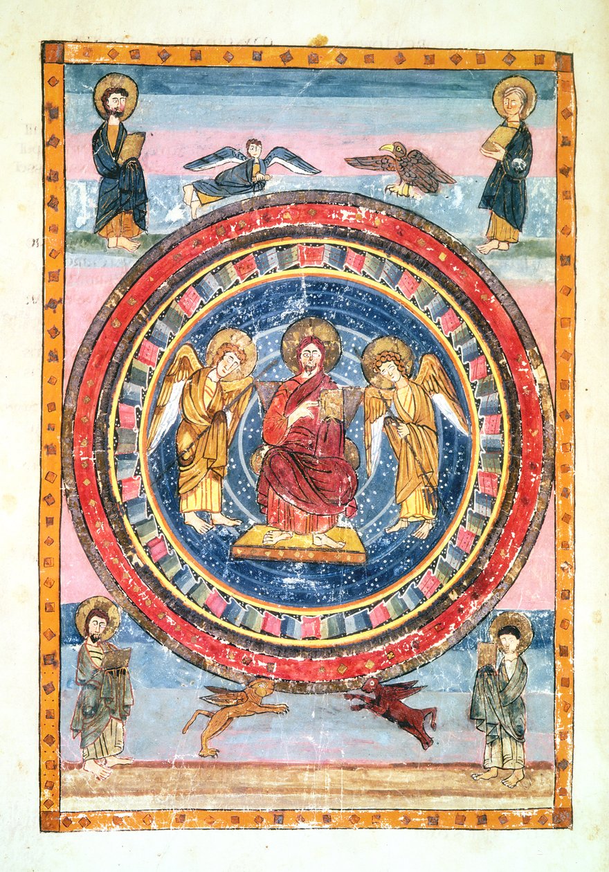Cristo in Maestà con angeli e i Quattro Evangelisti, eseguito a Jarrow, Wearmouth, inizio VIII secolo da English School