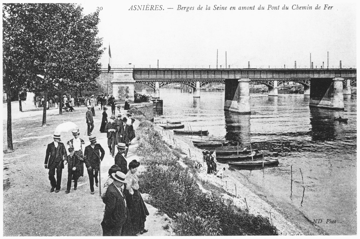 Asnieres, rive della Senna e il ponte ferroviario, c.1900 da French Photographer