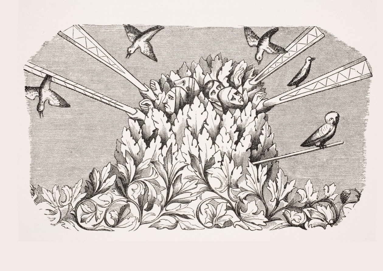 Cattura di uccelli con braccia estensibili simili a macchine, riproduzione di una miniatura nel manoscritto del XIV secolo 