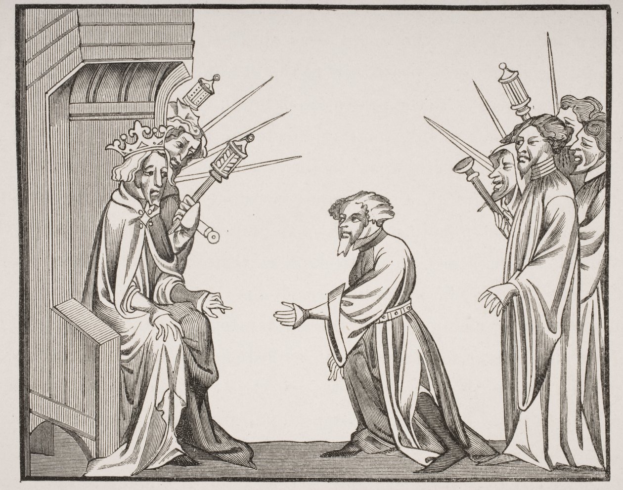 Carlo Magno (747-814) riceve il giuramento di fedeltà e onore da uno dei suoi grandi feudatari o alti baroni, facsimile di una miniatura del XIV secolo nelle 