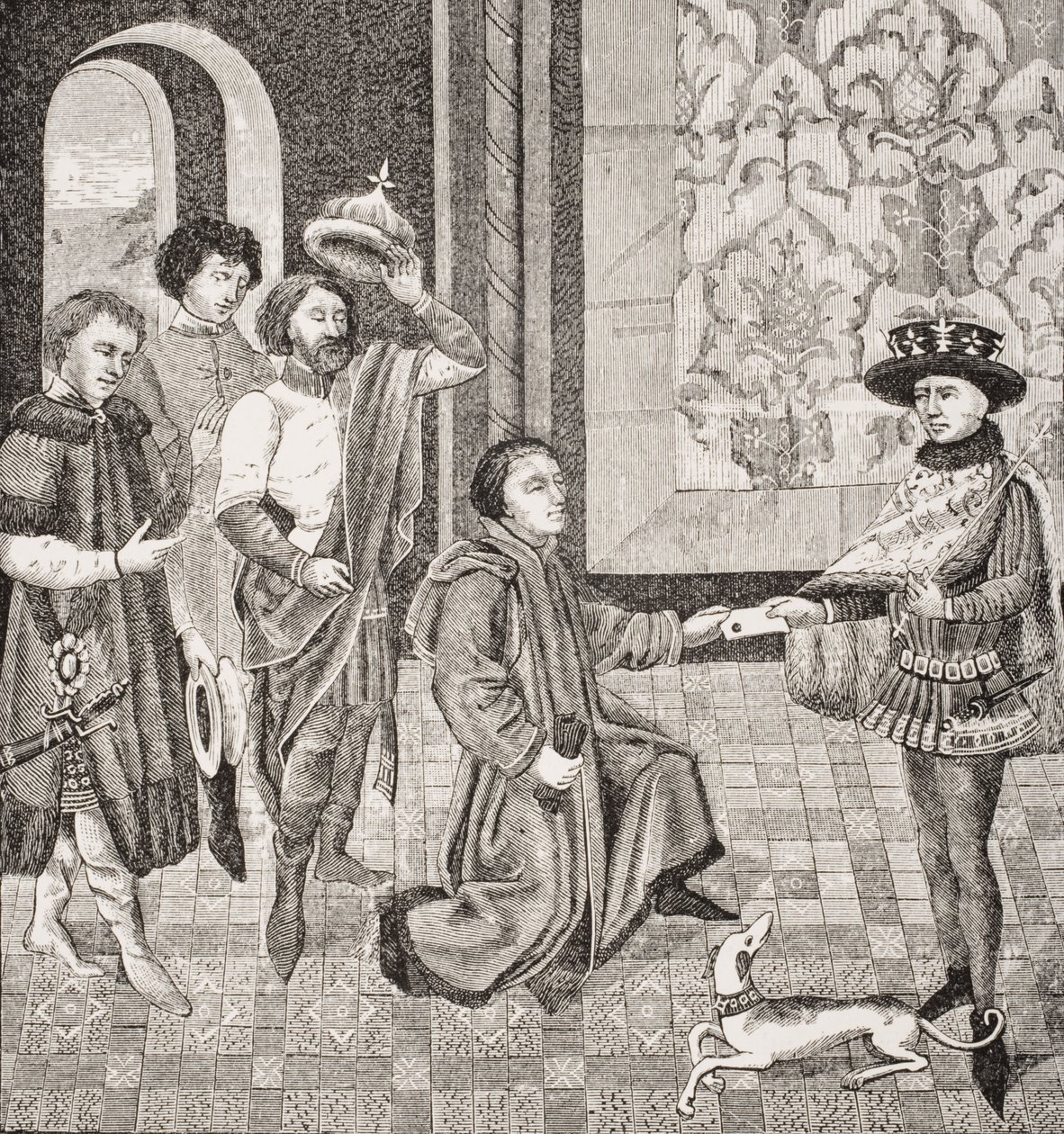 Carlo, Figlio Maggiore di Pipino Riceve Notizia della Morte del Padre, facsimile di una miniatura da 