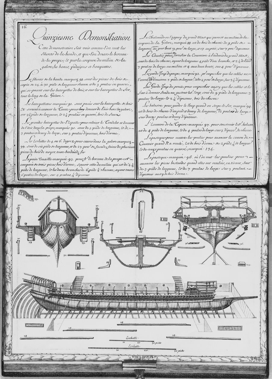 Costruzione di una galea con la prua e la poppa, quindicesima dimostrazione, tavola 16, illustrazione da 