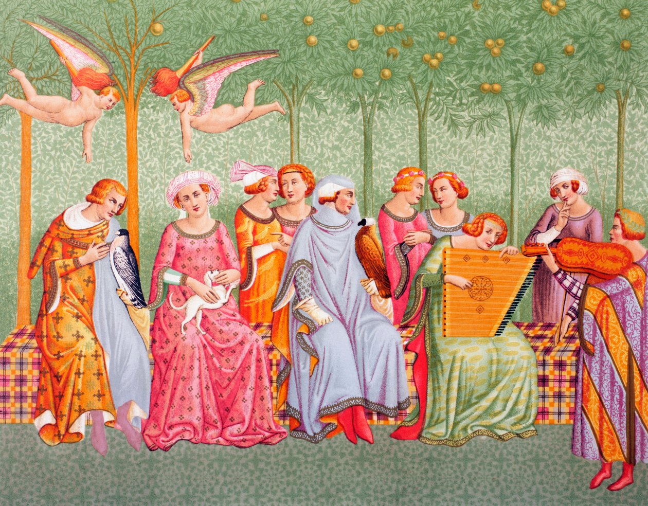 Donne di Corte che Ascoltano Musica in un Frutteto, dopo il Trionfo della Morte affresco nel Camposanto Monumentale, Pisa, di Buonamico Buffalmacco, da 
