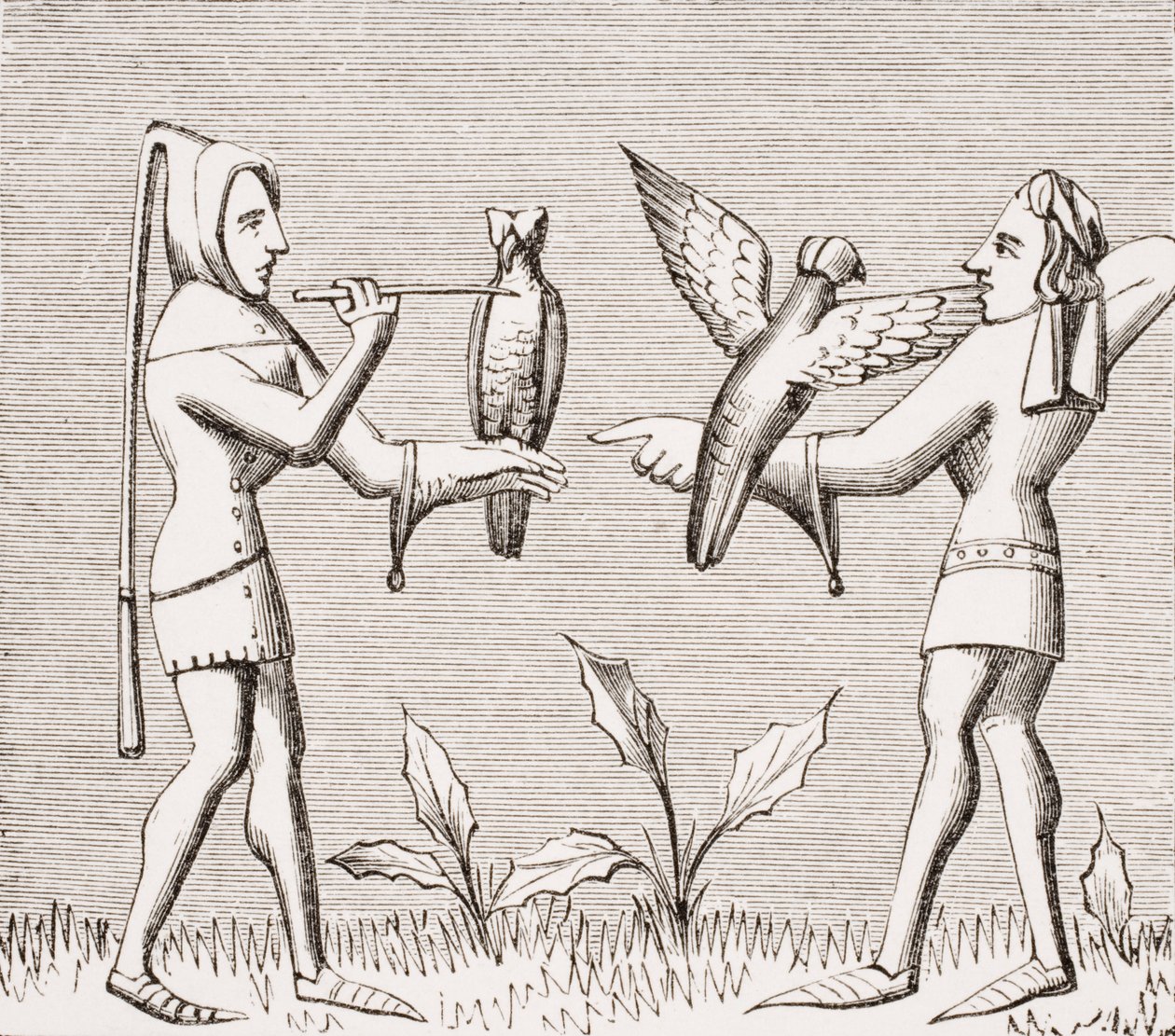 Falconieri che vestono i loro uccelli, riproduzione di una miniatura nel manoscritto del XIV secolo 