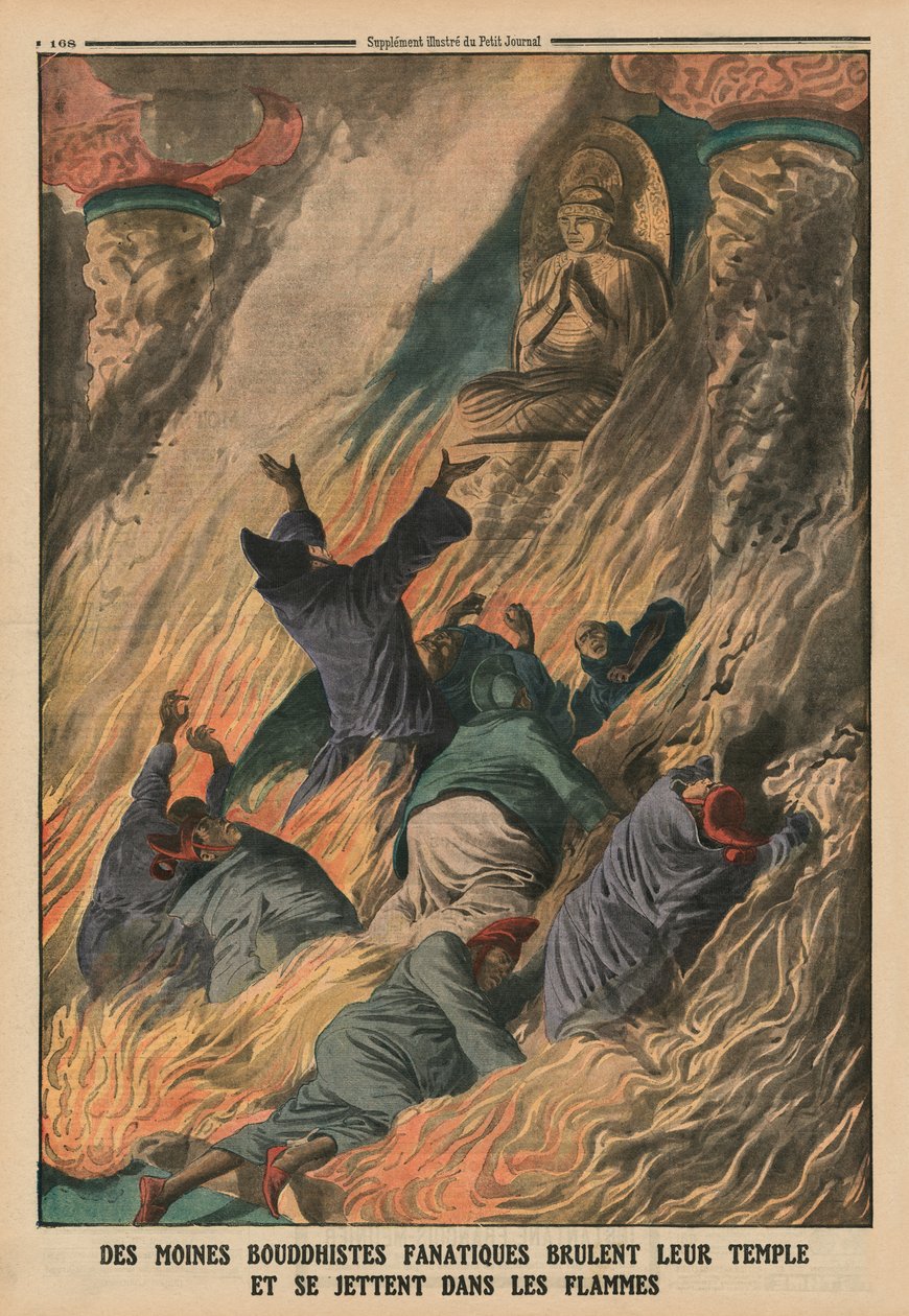 Monaci buddisti fanatici incendiano il loro tempio e si gettano nelle fiamme, Isola di Formosa, illustrazione di copertina posteriore da 