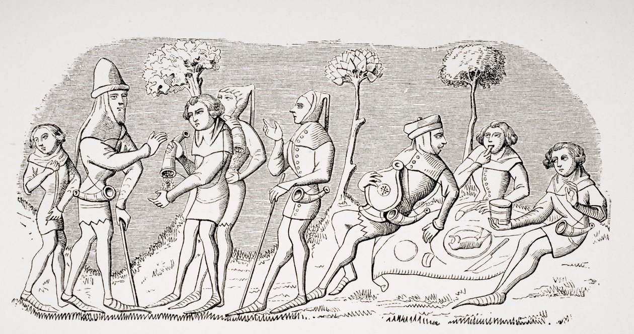 Pasto di caccia, riproduzione di una miniatura nel manoscritto del XIV secolo 