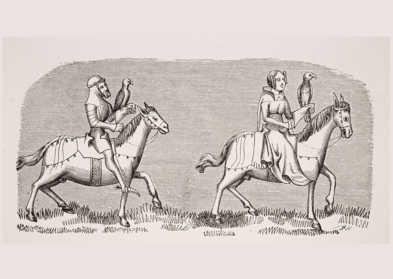 Dama che parte per la caccia con il falcone, riproduzione di una miniatura nel manoscritto del XIV secolo 