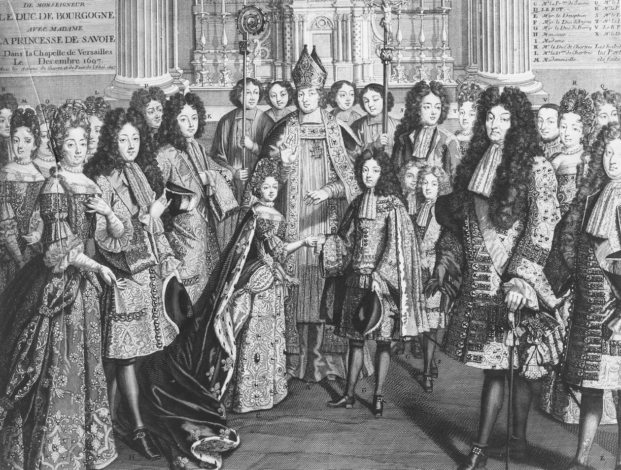 Matrimonio di Luigi di Francia (1682-1712), duca di Borgogna con Maria Adelaide di Savoia (1685-1712) nella Cappella Reale di Versailles, dicembre 1694, alla presenza del Re Luigi XIV da French School