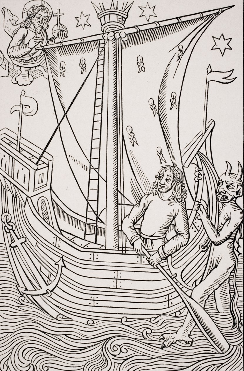 Nave mercantile in una tempesta, facsimile di una xilografia in 