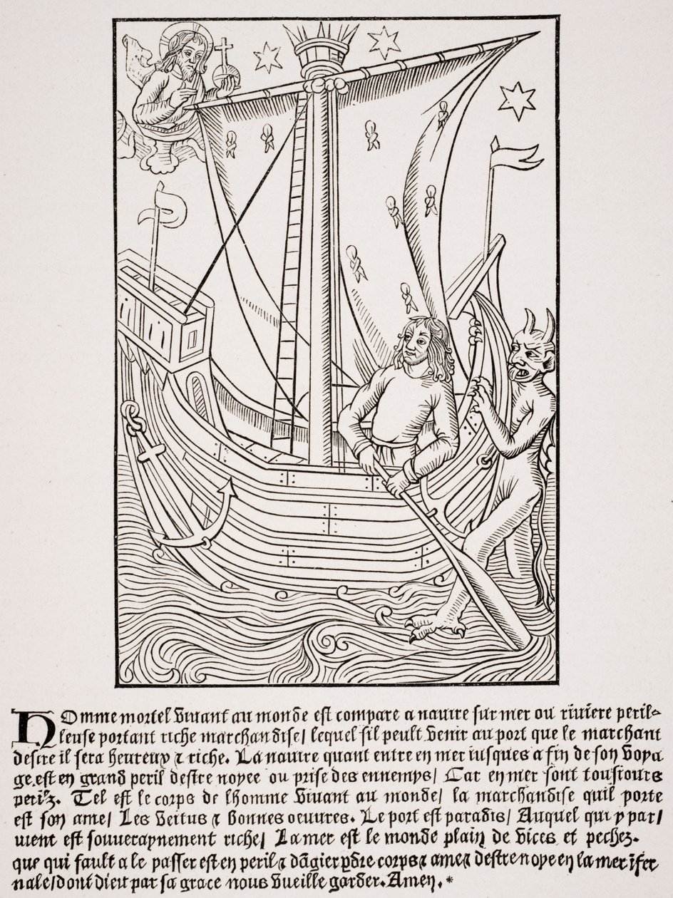 Nave mercantile in una tempesta, facsimile di una xilografia in 