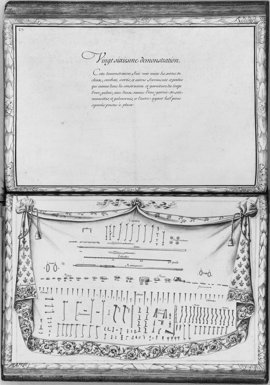 Chiodi, ganci, carrucole e accessori in ferro necessari per costruire una galera, ventiseiesima dimostrazione, tavola 27, illustrazione da 