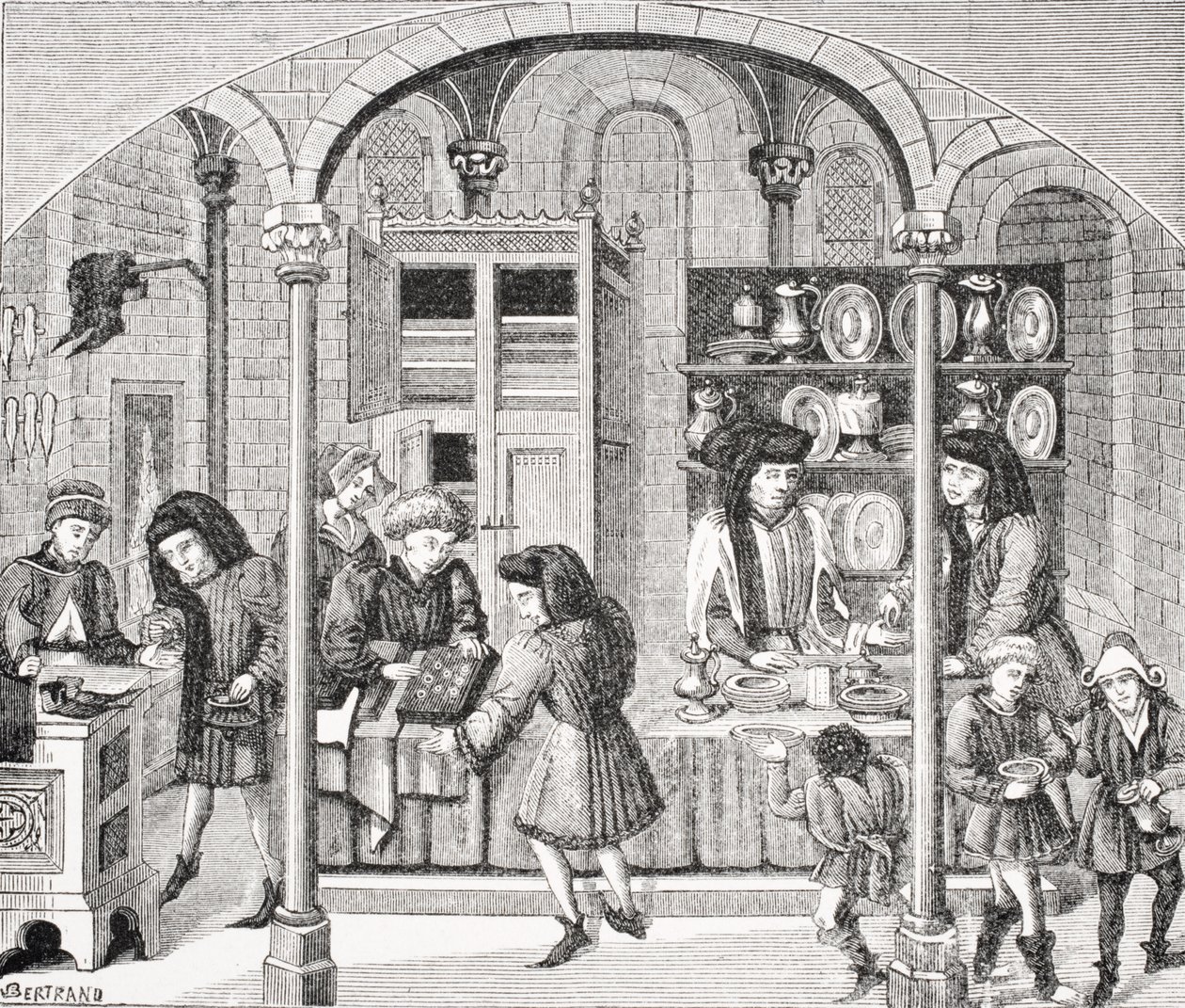 Negozi sotto un mercato coperto, da una miniatura in una traduzione del XIV secolo dell