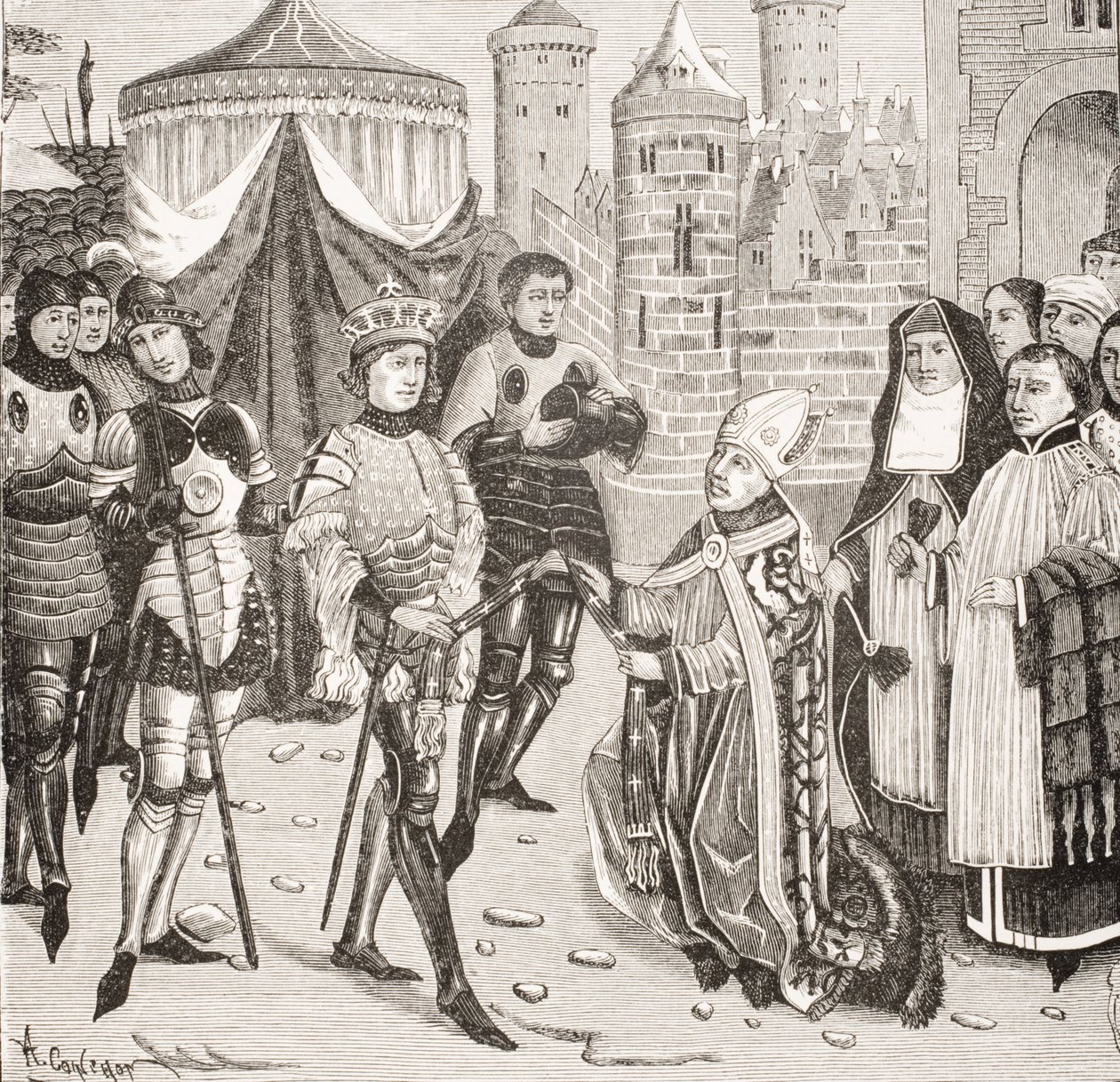 San Remigio, Vescovo di Reims, chiede a Re Clodoveo (465-511) la restituzione di un vaso sacro rubato dai Franchi durante il saccheggio di Soissons, da una miniatura nel manoscritto di 