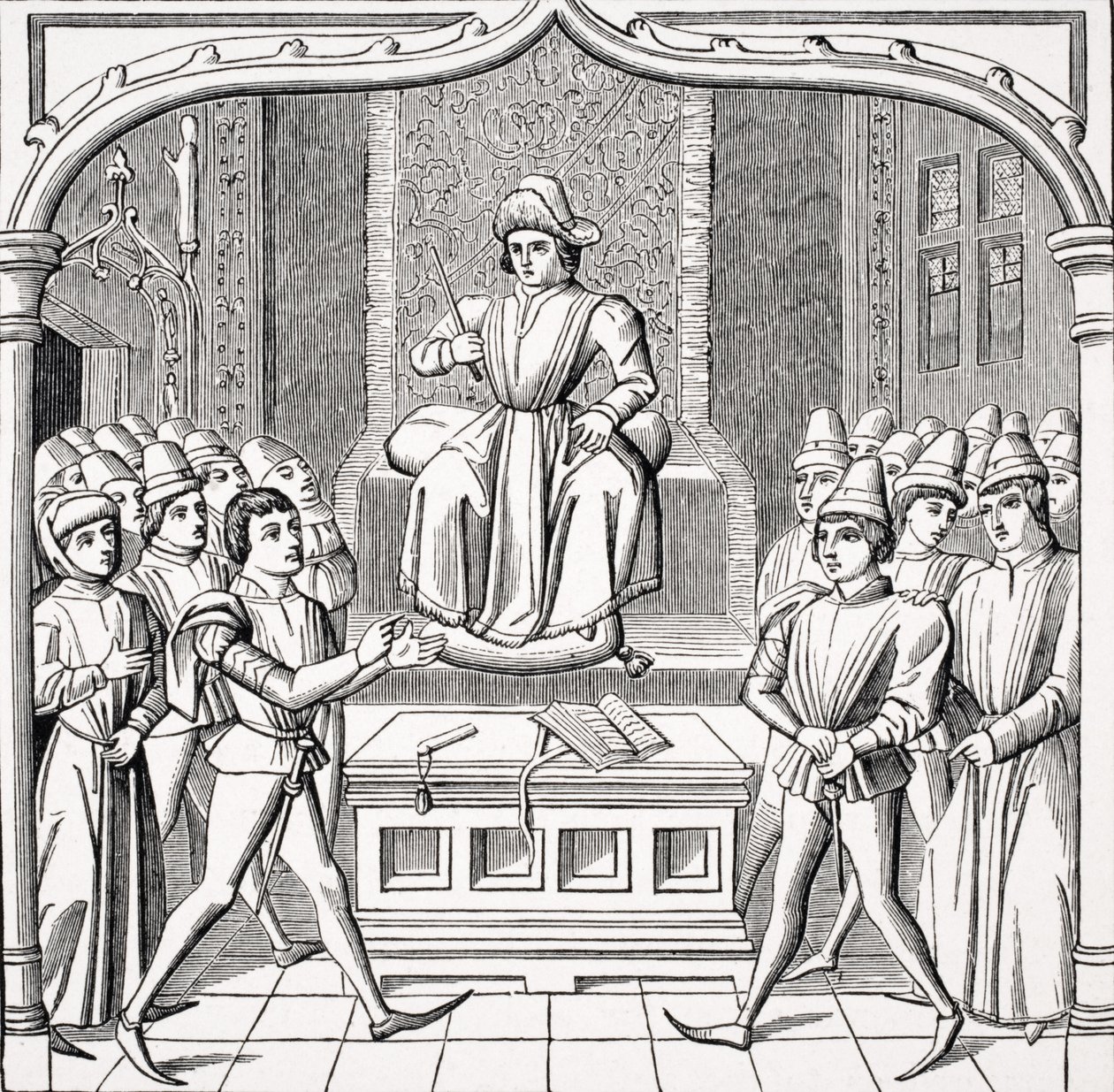 Il Duello Giudiziario - Il Querelante Apre il Suo Caso Davanti a un Giudice, da una miniatura nel manoscritto del XV secolo 