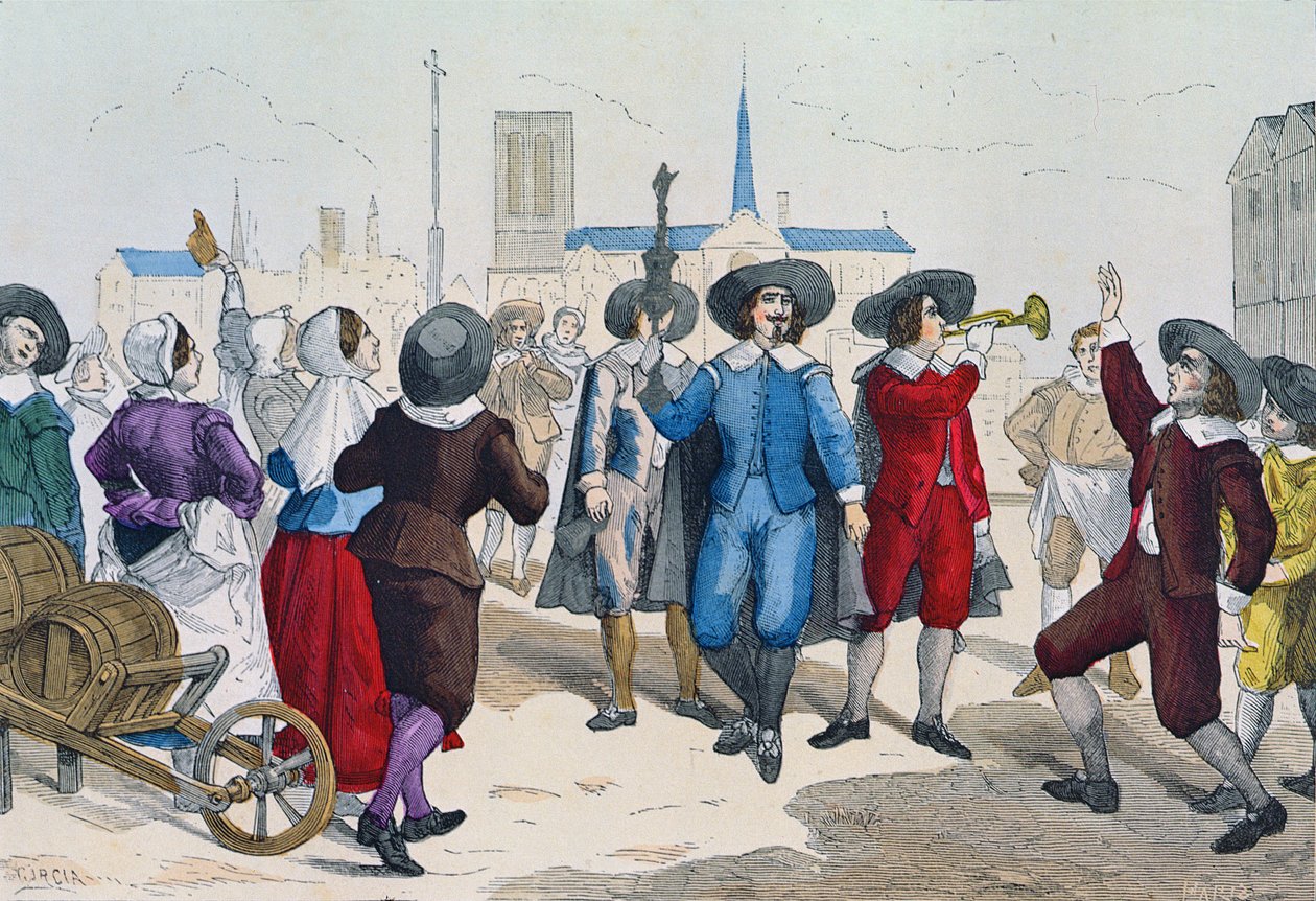I venditori di vino attraversavano le strade al tempo di Luigi XIII preceduti dal loro capo che portava un calice d
