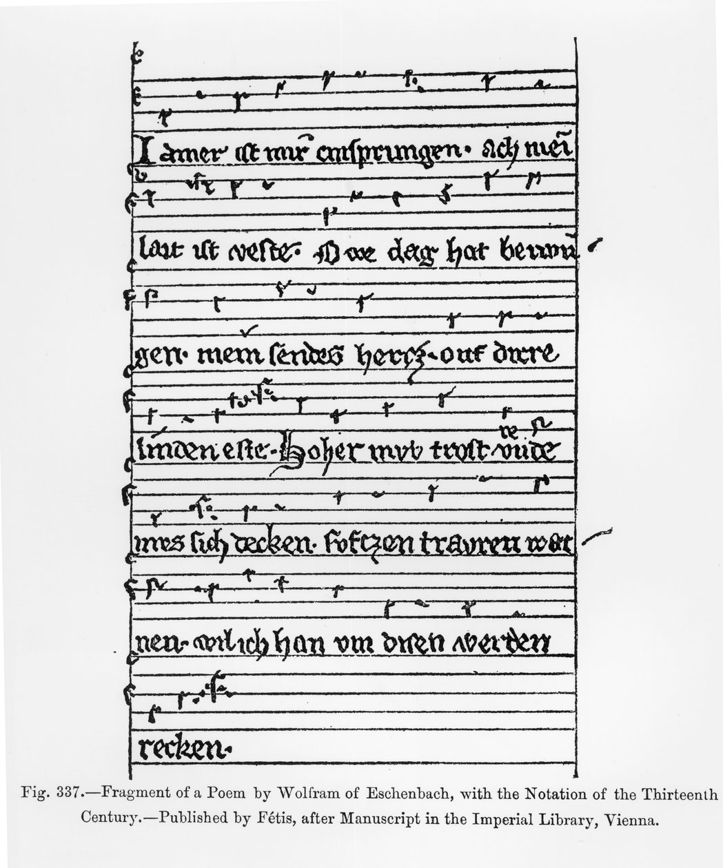 Frammento di una poesia di Wolfram di Eschenbach, pubblicata da Fetis, illustrazione da 