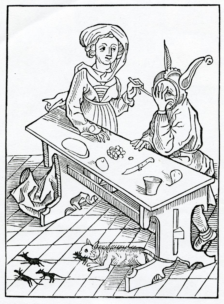 Di adulterio, e specialmente di coloro che sono ruffiani delle loro mogli, conoscendo e non volendo sapere, ma mantenendo il segreto, per cupidigia e guadagno, illustrazione dalla traduzione inglese di Alexander Barclay da German School