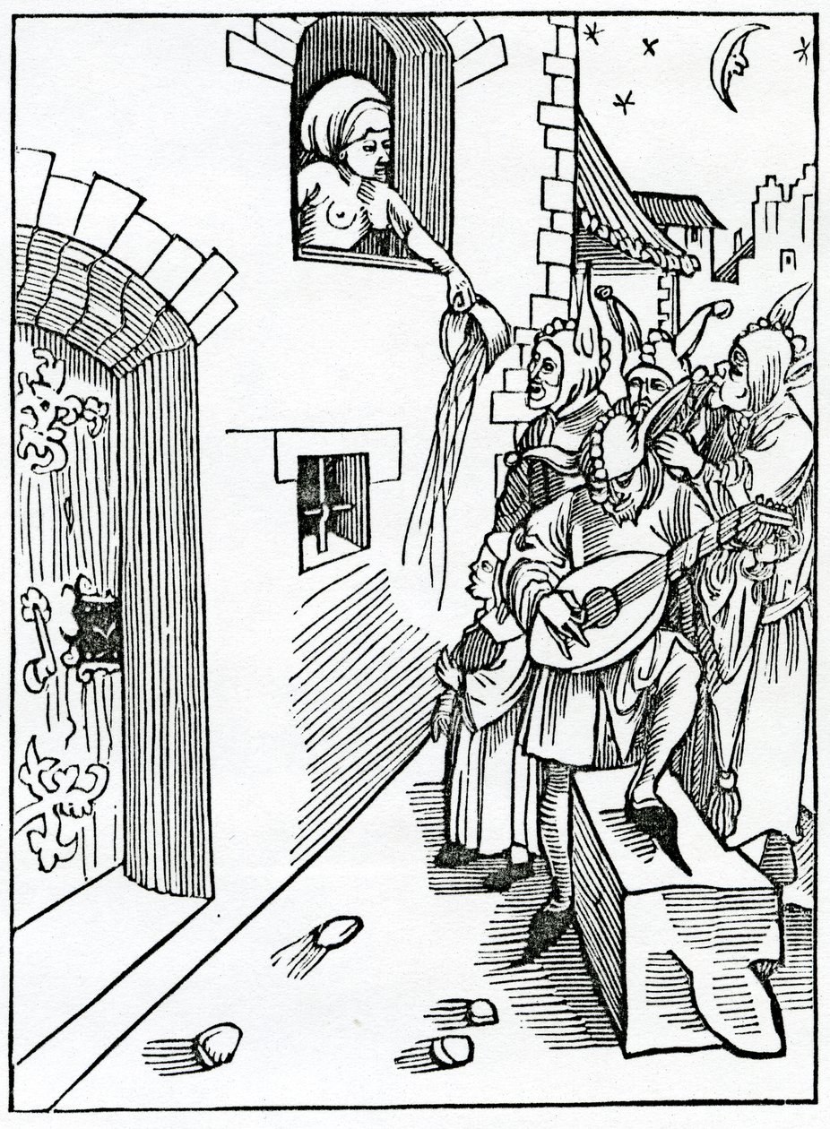 Di Guardiani Notturni e Battitori delle Strade che Suonano Strumenti di Notte e Fanno Follie quando è Tempo di Riposare, illustrazione dalla traduzione inglese di Alexander Barclay di 
