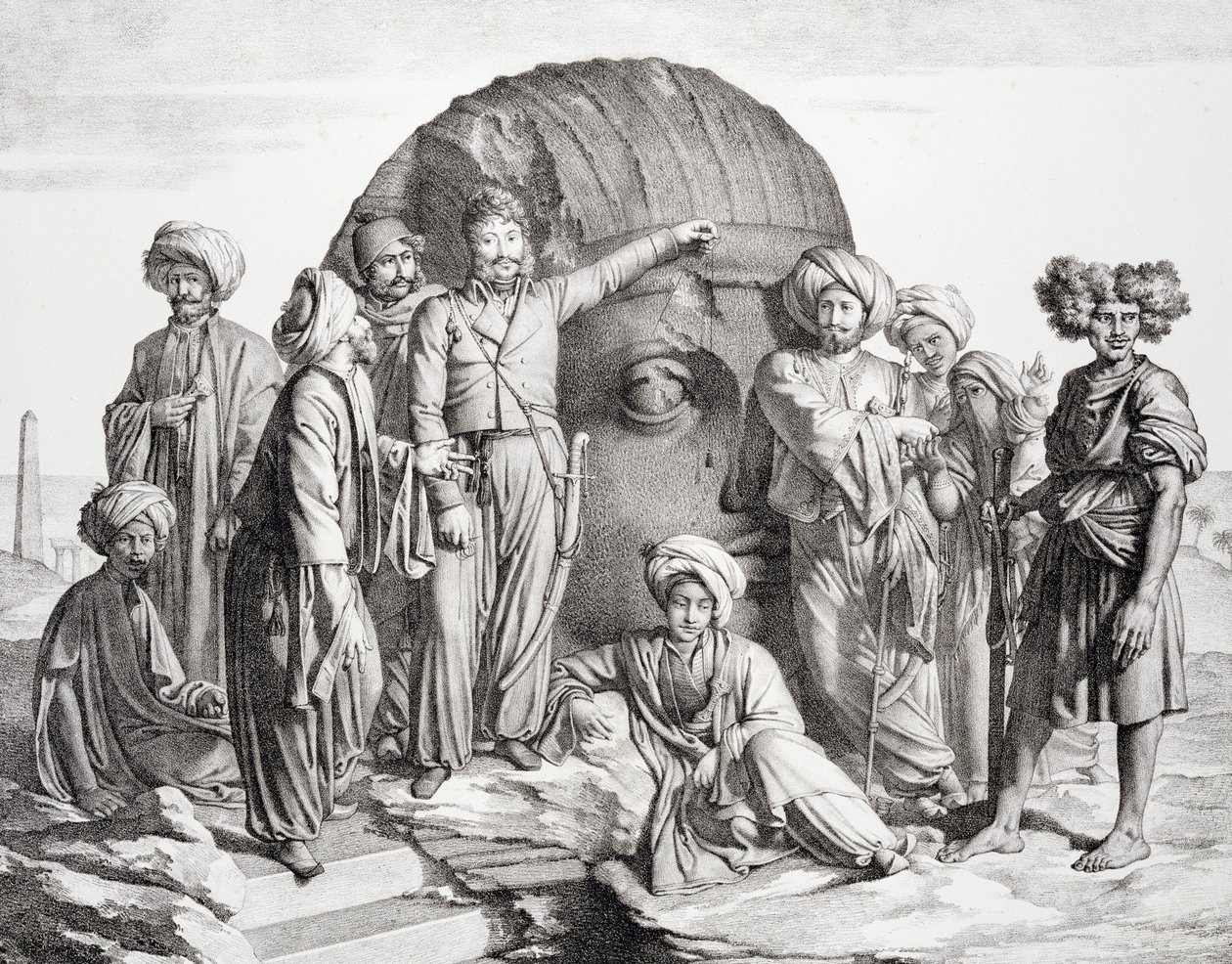 Monsieur Drovetti e i suoi seguaci che usano una linea a piombo per misurare una testa colossale nel deserto egiziano, inciso da G. Engelmann, da 