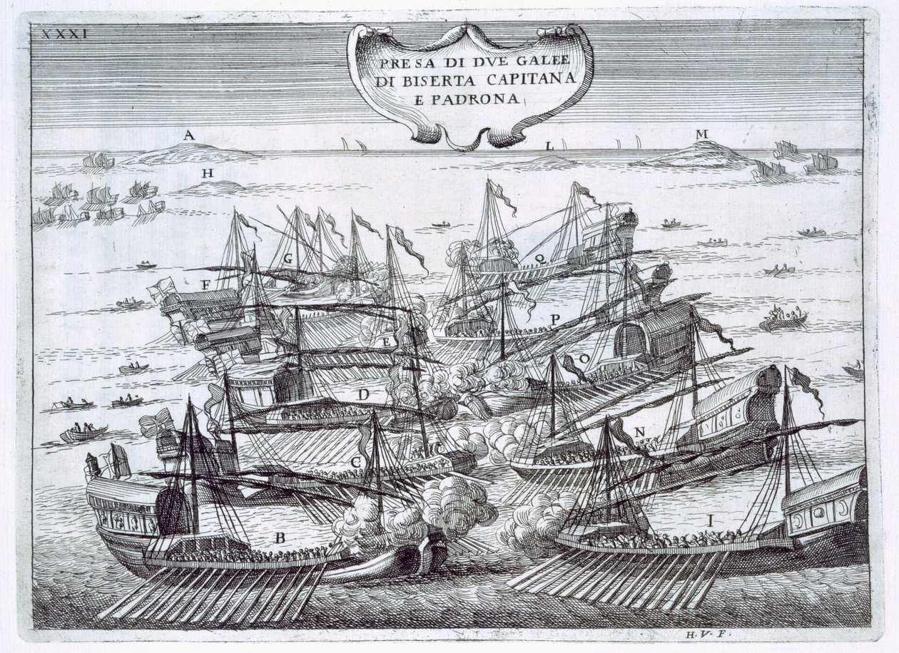Due galeoni di Birserta presi dagli italiani in una battaglia navale testa a testa, principalmente di galeazze, illustrazione da 