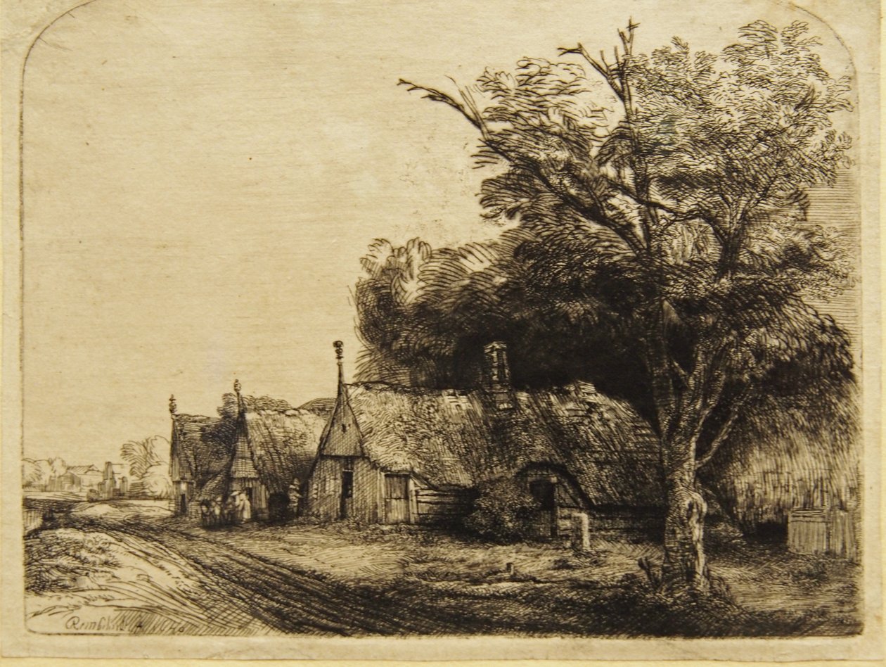 Tre fattorie lungo una strada da Rembrandt van Rijn