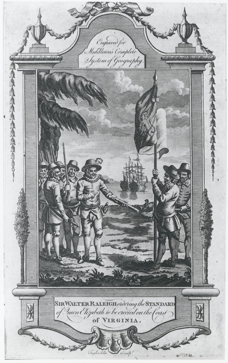Sir Walter Raleigh (1552-1618) ordina di erigere lo stendardo della regina Elisabetta sulla costa della Virginia, 1584, inciso dall