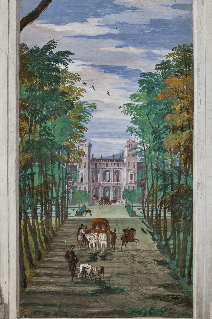 Prospettiva con vista sulla campagna e carrozze, Parete Nord, Sala di Bacco da Veronese