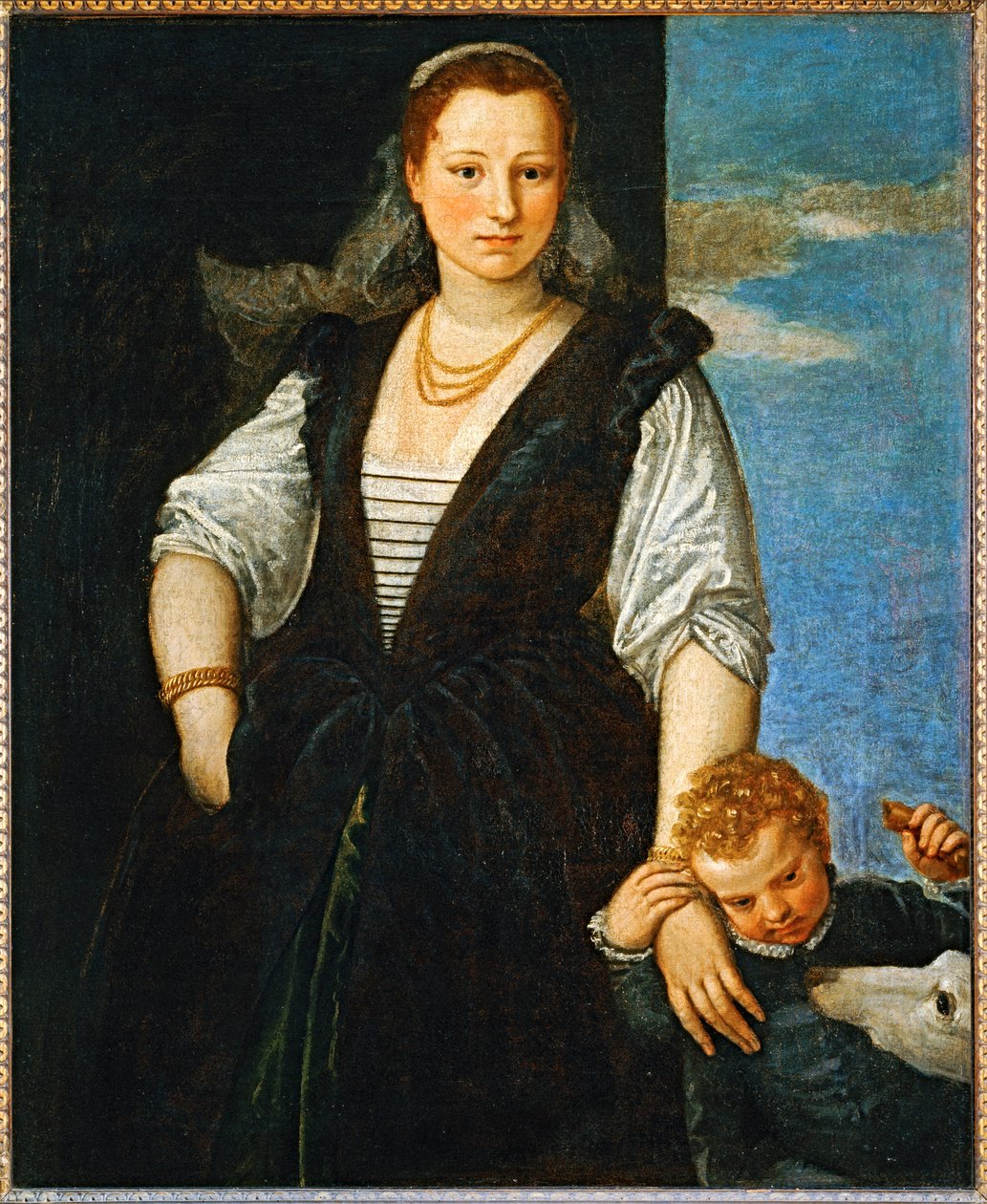 Ritratto di donna con un bambino e un cane - Portrait de femme avec un enfant et un chien ... da (1528 88) Veronese