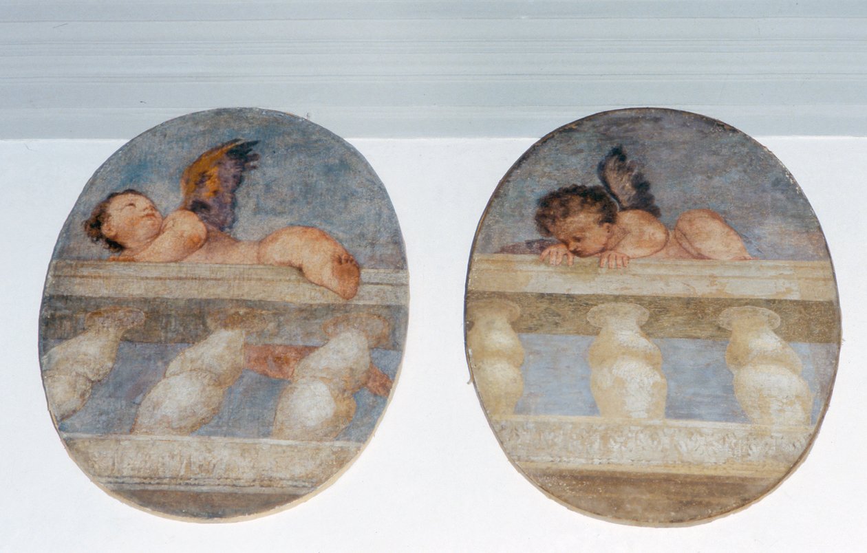 Due putti alati che scalano una balaustra, tondi dalla sacrestia da Veronese
