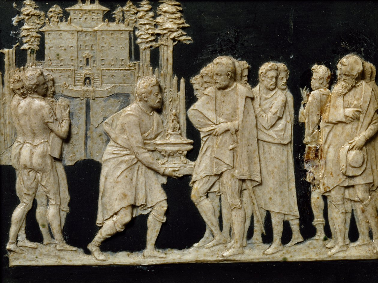 Presentazione a Francesco I del modello della fontana a Pratolino, di Jean de Boulogne alias Giambologna, piastrella in cera da Giambologna
