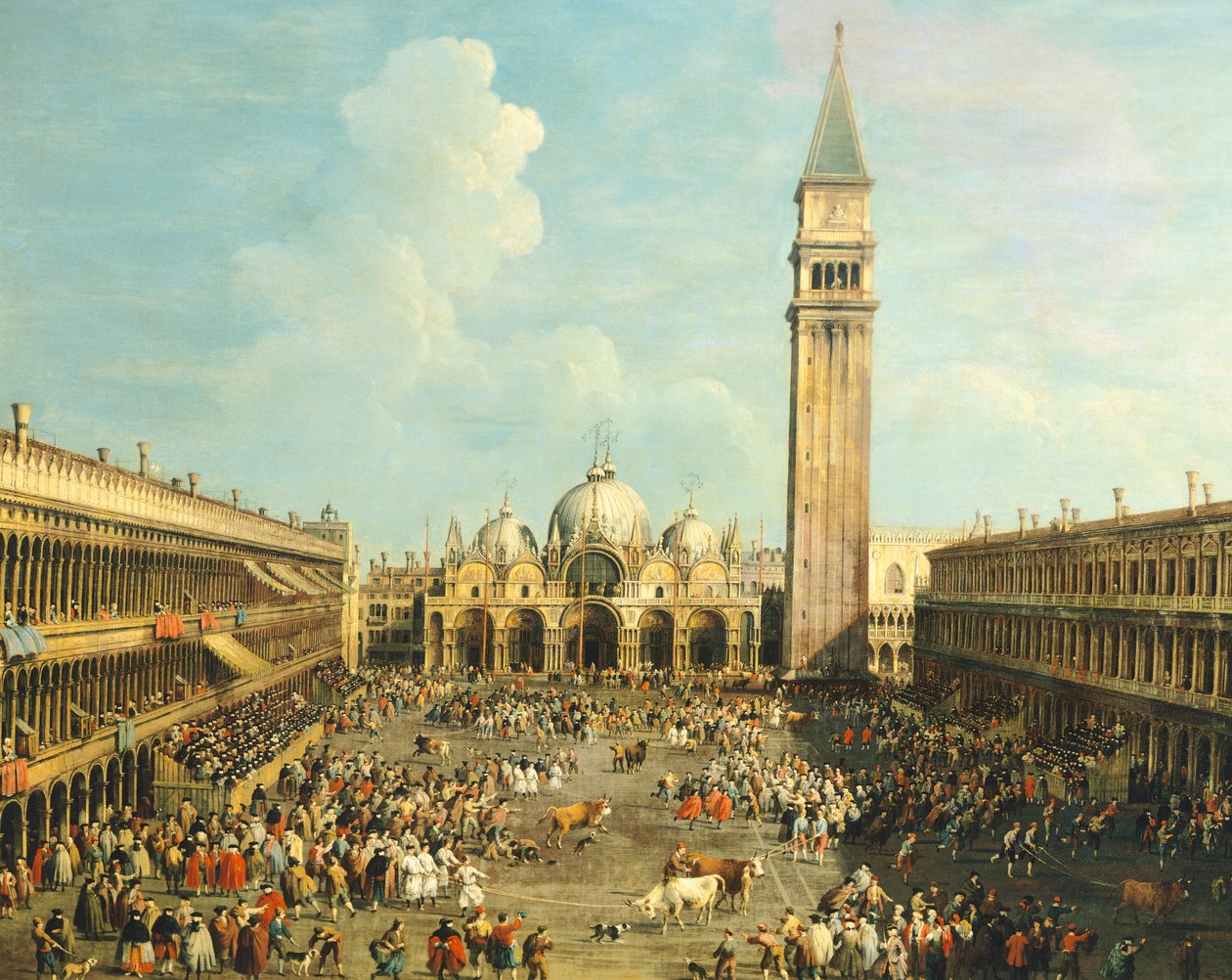 Corrida o caccia al toro in Piazza San Marco, di Giovanni Antonio Canal, detto Canaletto e Giovanni Battista Cimaroli, olio su tela, 99x145 cm da Canaletto