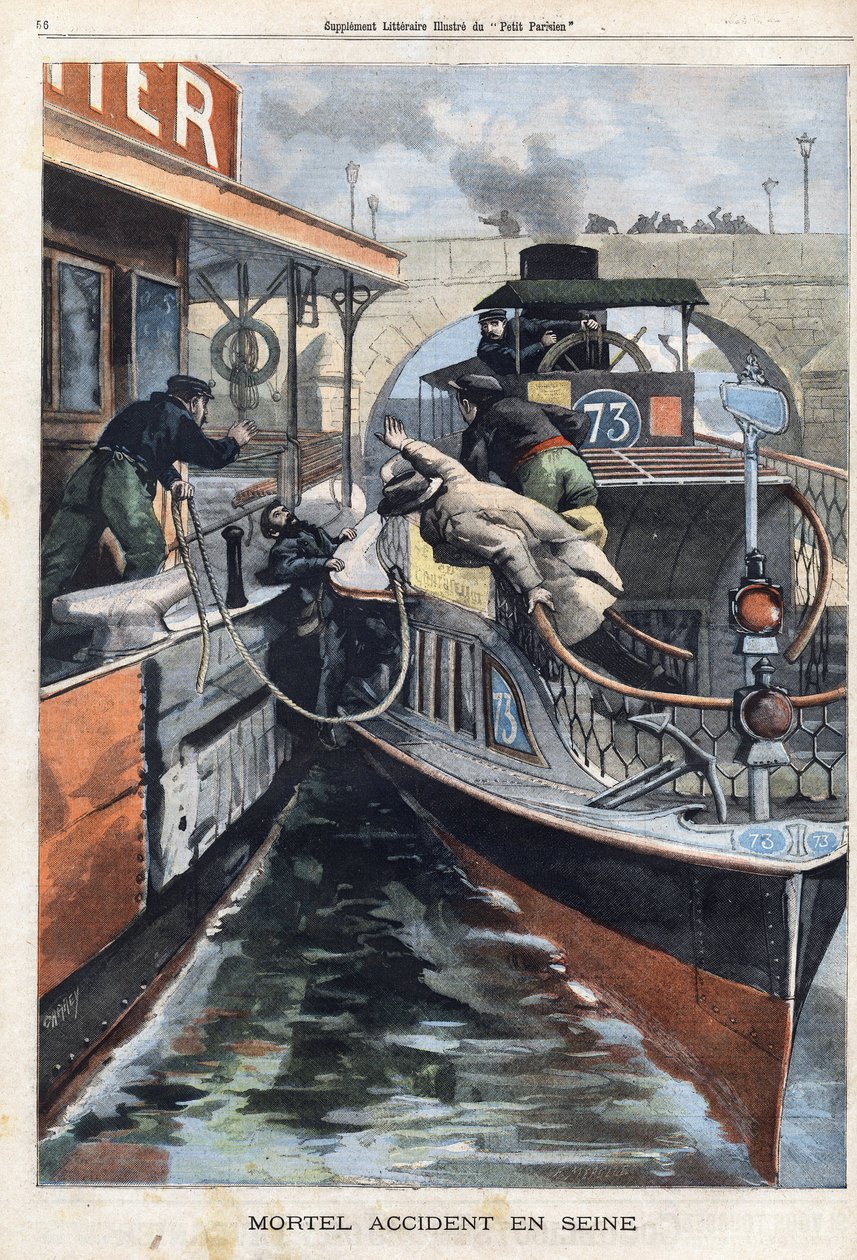 Incidente mortale sulla Senna: un dipendente della compagnia des Bateaux Parisiens muore schiacciato tra due barche vicino al ponte di Charenton. Incisione in "Le Petit Parisien" del 17/02/1901 da (after) Carrey