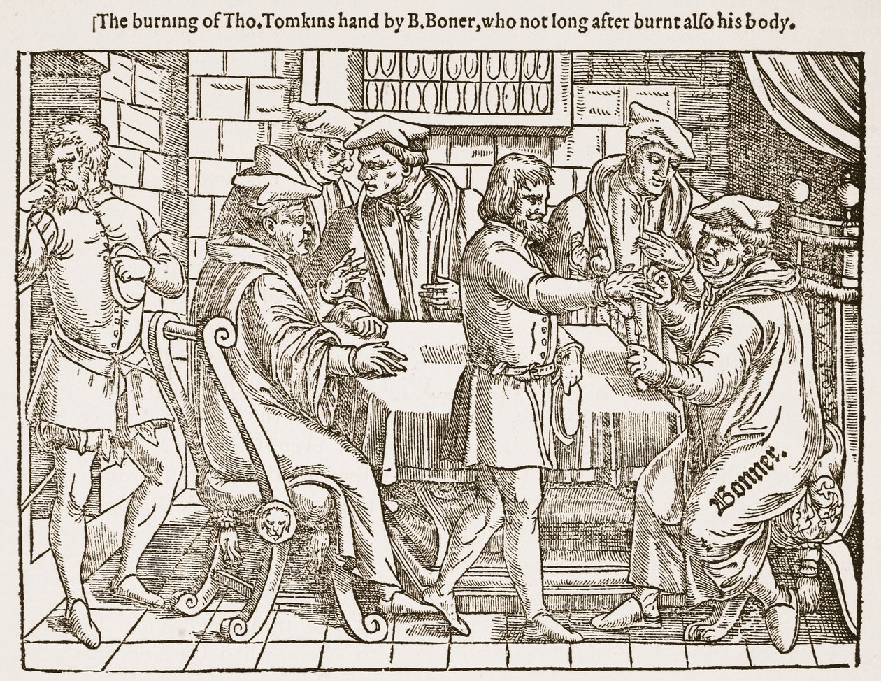 La combustione della mano di Tho. Tomkins da B. Boner, che poco dopo bruciò anche il suo corpo, illustrazione da 