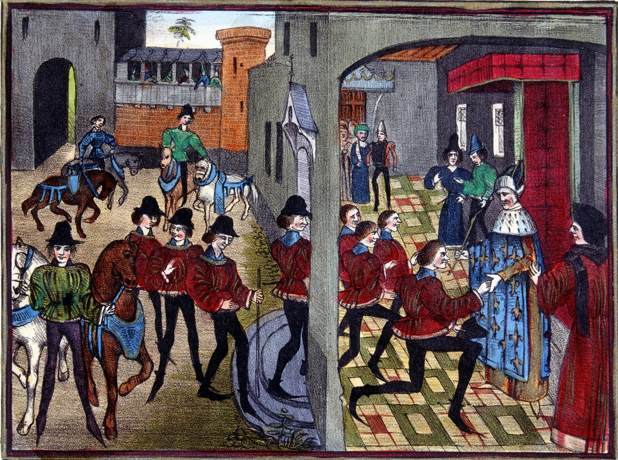 Carlo Magno Riceve i 4 Figli di Aymon alla Corte e li Nomina Cavalieri - dopo una miniatura del XIII secolo di Huon de Villeneuve da (after) French School
