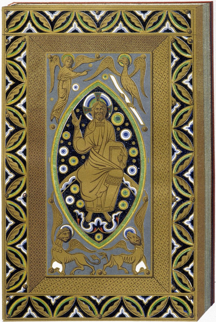 Cristo in Mandorla con i simboli dei 4 evangelisti (Tetramorfo). Litografia che riproduce una rilegatura smaltata del XIII secolo. da (after) French School